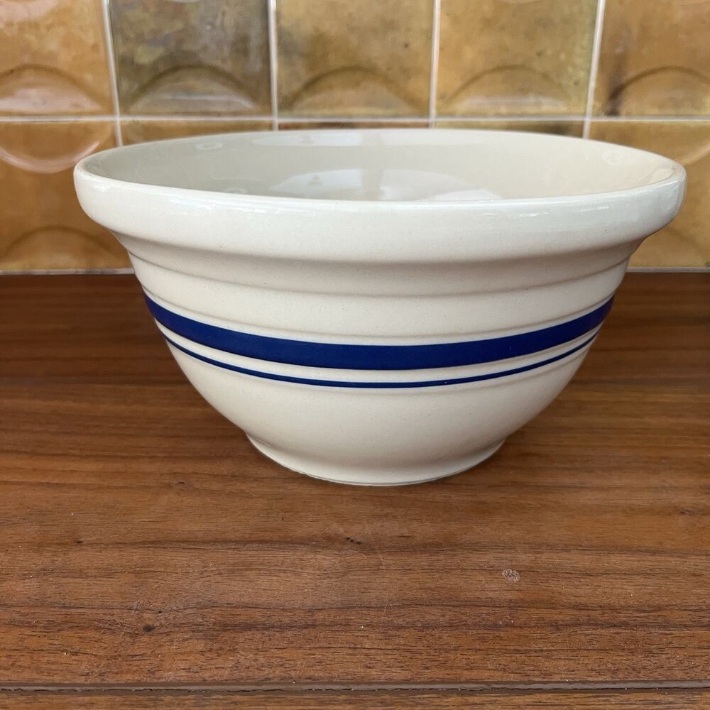 Roseville Ohio FP Friendship Pottery Stoneware Mixing Bowl Blue Stripe 8"